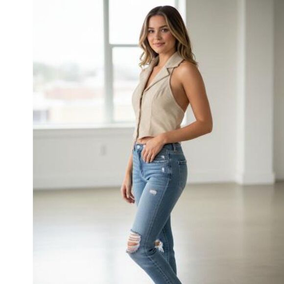 SHEIN Tops - SHEIN Halter Top Women's Shirts Lapel Neck Corduroy Vest Cropped Festival Boho